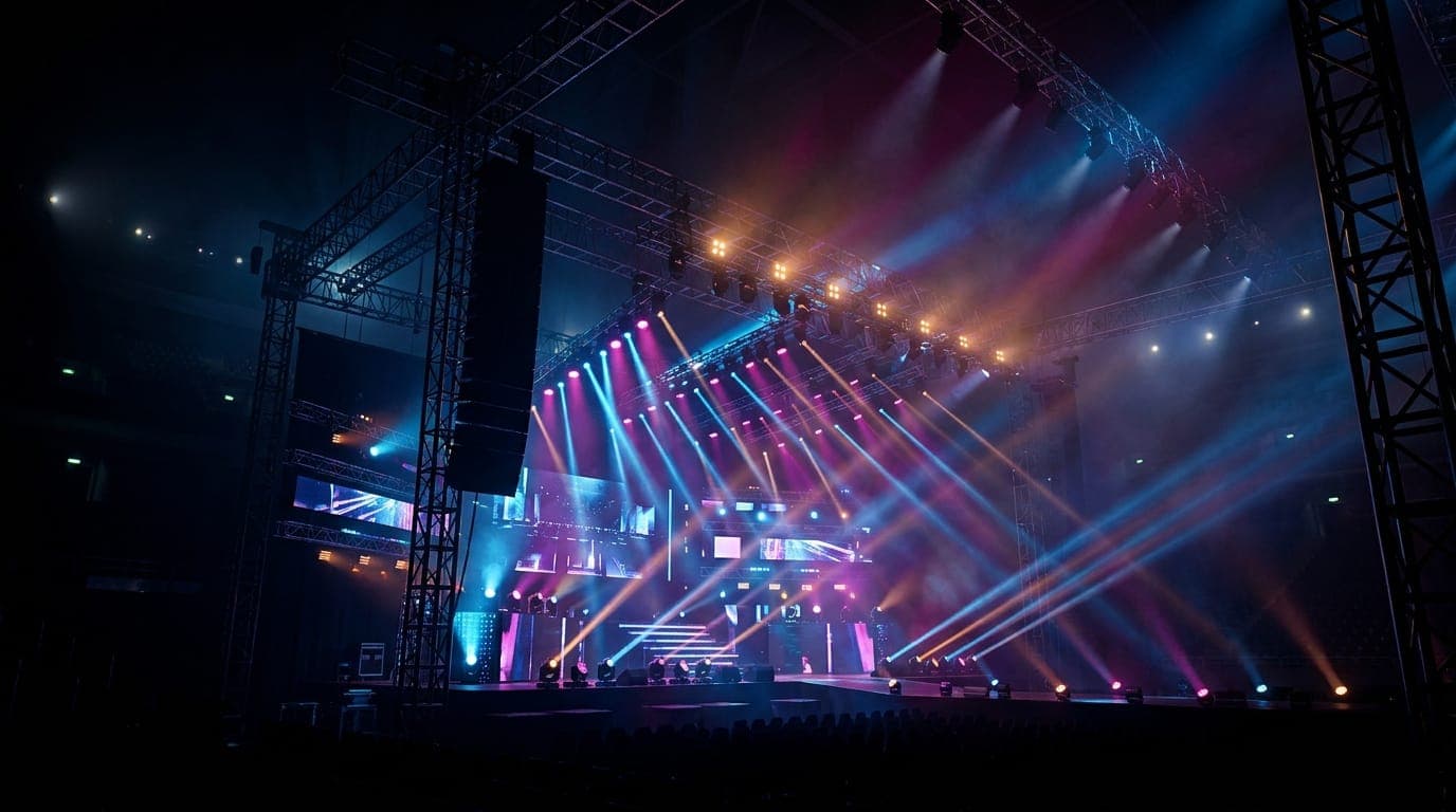 A concert stage with professional lighting, sound and LED screens